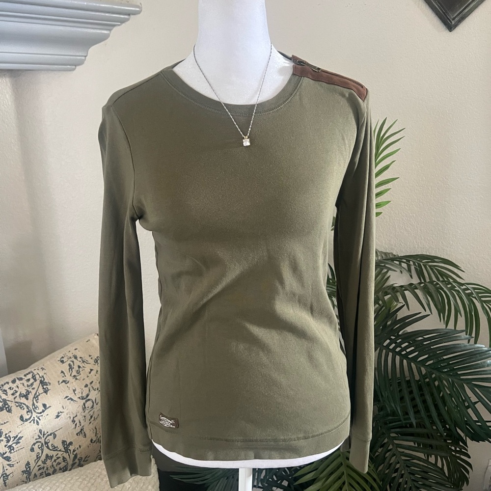 Ralph Lauren Olive Long Sleeve Top with Brown Detail M